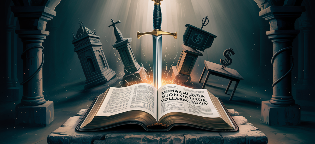 Bíblia como espada cortando símbolos de seitas e falsos ensinos - Palavra viva em ação